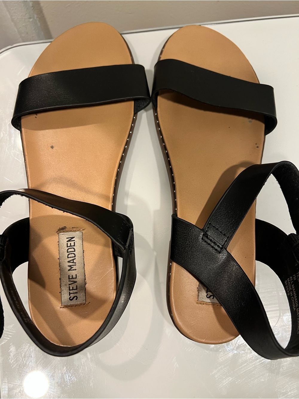 Steve Madden Black and Tan Two-Strap Slide Sandals